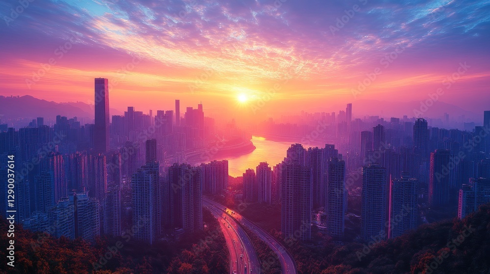 Fototapeta premium City Sunrise Aerial View