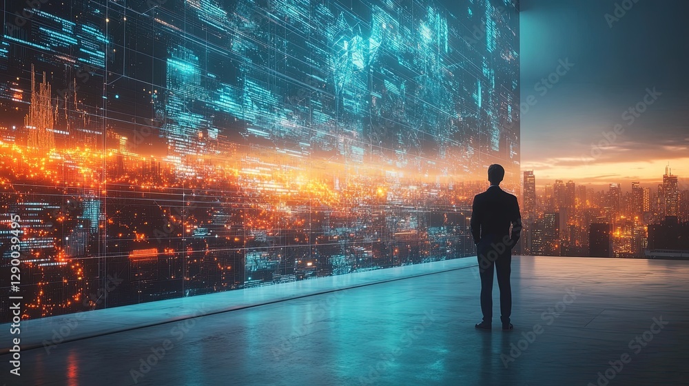 A professional standing before a giant digital screen showing interconnected markets A professional standing before a giant digital screen showing interconnected markets