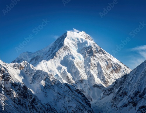 awe inspiring and grandeur inducing sight of a snow-covered mountain with its white peaks against a backdrop of a clear blue sky