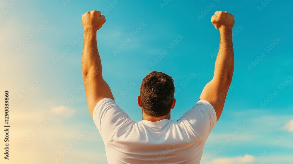 Man Embracing Freedom with Arms Raised Against a Bright Clear Sky at Sunrise Man Embracing Freedom with Arms Raised Against a Bright Clear Sky at Sunrise