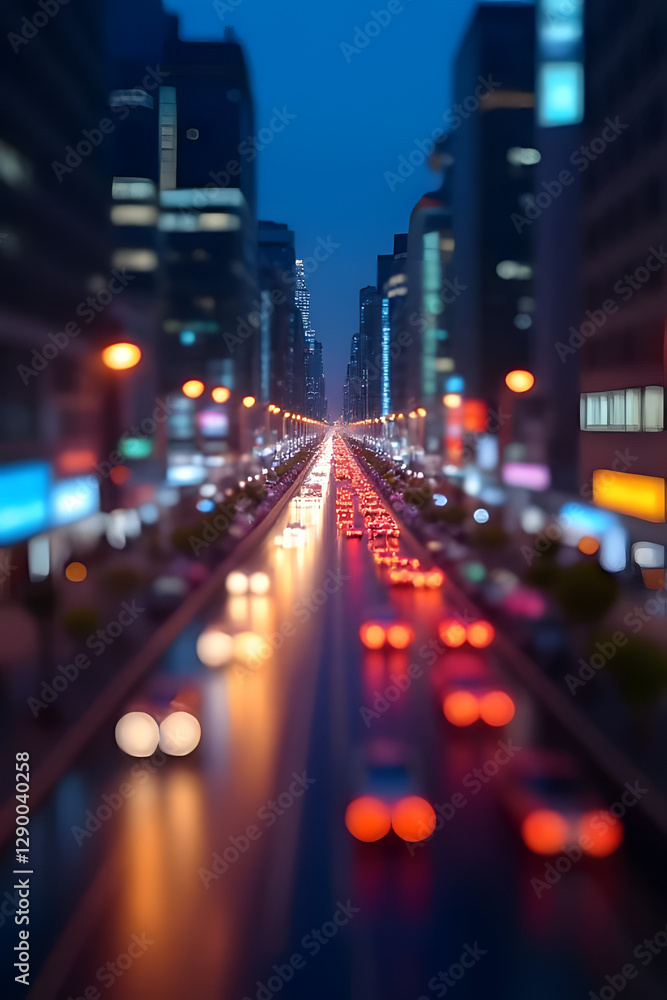 Obraz premium Tilt-shift cityscape night view urban traffic modern metropolis blurred lights dynamic composition