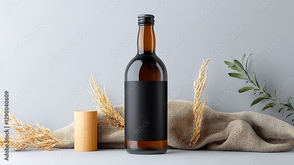 Naklejka premium Elegant amber bottle with blank label studio setting product photography minimalist aesthetic