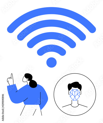 Large wireless signal icon, person pointing towards connectivity, and facial recognition element. Ideal for tech innovation, AI, privacy, biometric security, networking, identity abstract line flat