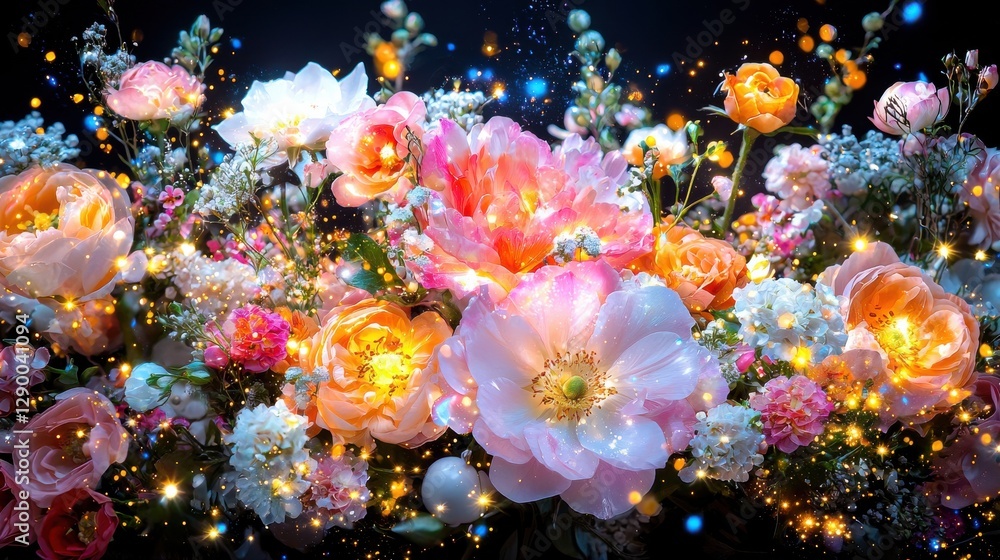 Obraz premium Vibrant and colorful floral fantasy design with a stunning bouquet of lush blooming flowers petals and a magical sparkling glitter explosion effect This enchanting