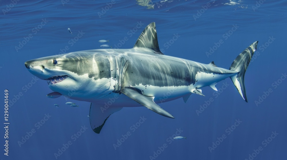Fototapeta premium Picture a great white shark swimming powerfully through the deep blue ocean. 