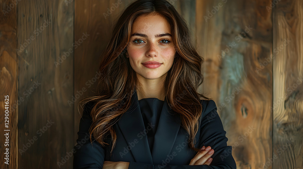 Fototapeta premium Confident businesswoman, wooden wall background