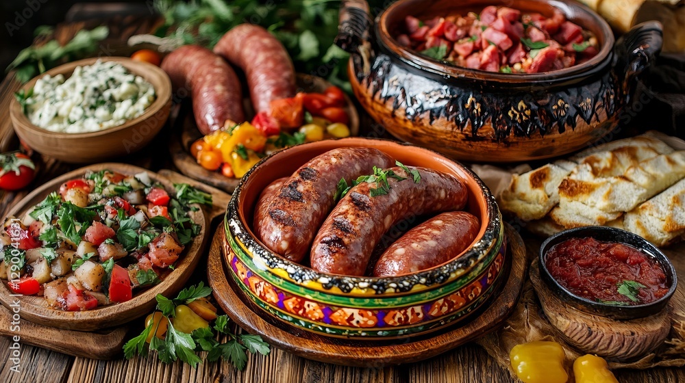 Fototapeta premium Grilled Sausages With Various Dishes On A Wooden Table. Traditional Cuisine. Rich Variety Of Food.