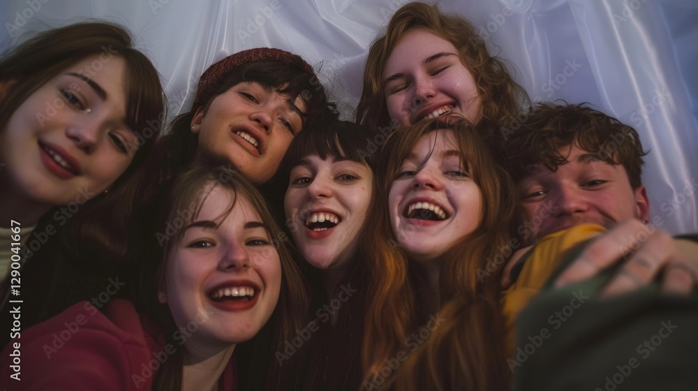 Obraz premium Picture a group of friends taking a selfie against a white backdrop. 