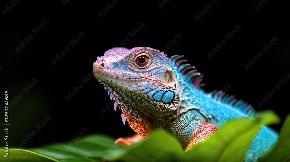 Obraz premium Blue iguana portrait, jungle leaves, dark background, exotic pet