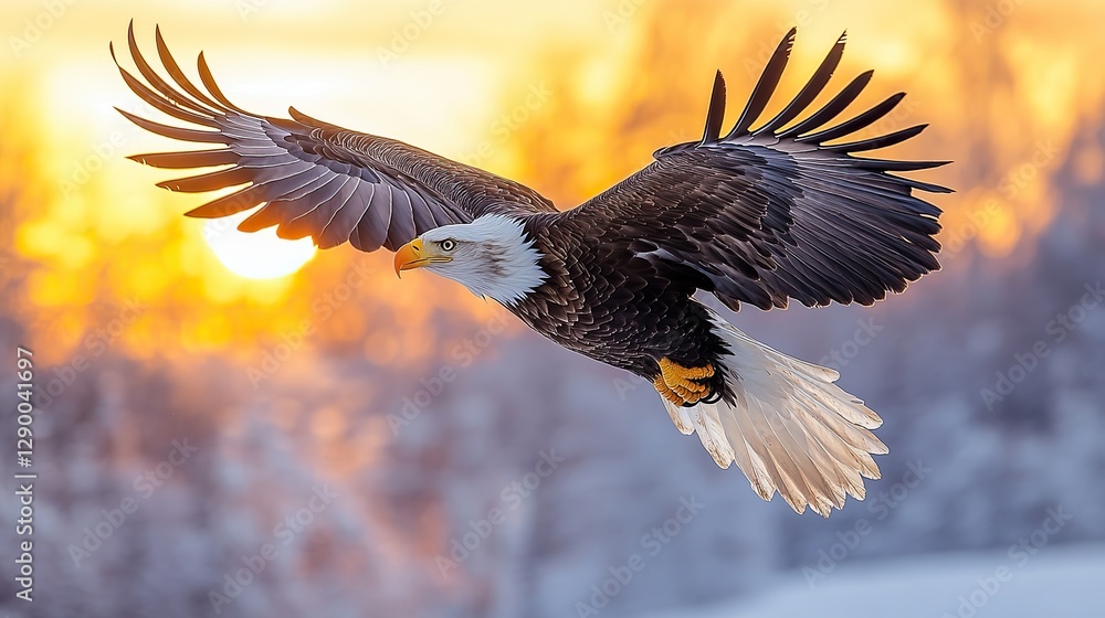 Naklejka premium eagle flying in the mountains at sunset