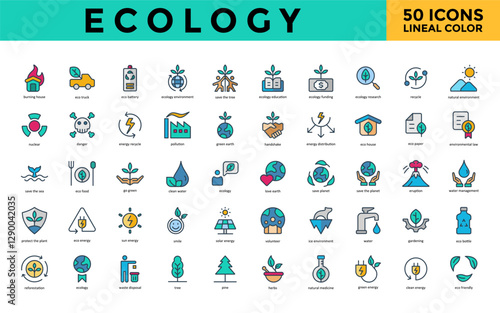 Ecology icon set with burning house, eco truck, eco battery, ecology environment, save the tree, ecology education, ecology funding, ecology research, recycle icon. Simple lineal color vector 
