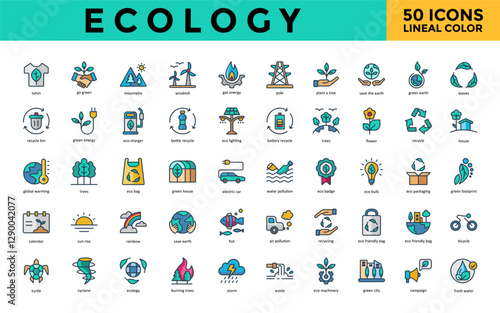 Ecology icon set with tshirt, go green, mountains, windmill, gas energy, pole, plant a tree, save the earth, green earth, leaves icon. Simple lineal color vector 
