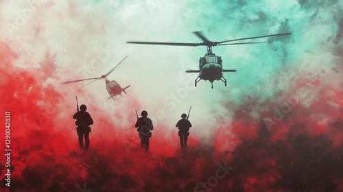 Abstract artistic depiction of the Vietnam War, swirling red and green shades, silhouettes of soldiers and helicopters