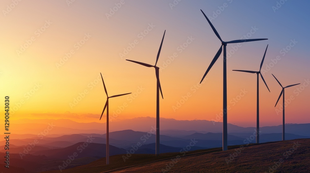 Fototapeta premium Wind turbines at sunset. Wind farm on a hill generating clean, green, renewable energy. Concept of sustainability and environmental awareness.