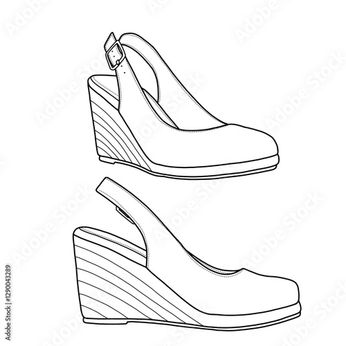 Technical sketch drawing of women's wedges sandals closed-toe slingback platform with buckles. Side view. Flat sketch vector outline doodle illustration. Isolated on a white background