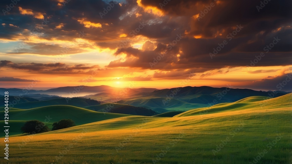 A vibrant, digitally-created landscape of gently rolling hills is illuminated by countless small orange lights A vibrant, digitally-created landscape of gently rolling hills is illuminated by countless small orange lights