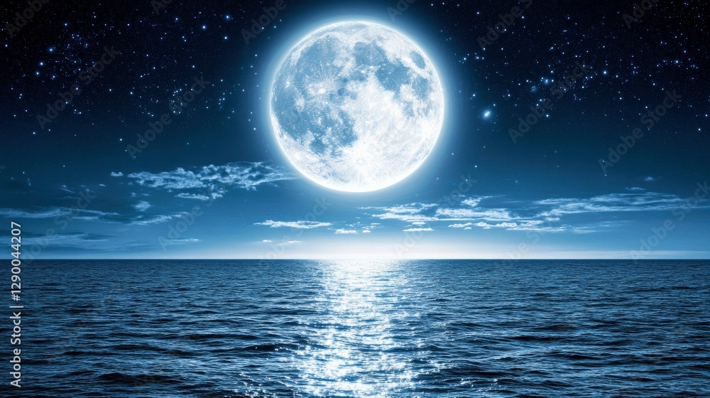 Glowing Moon Over Calm Sea at Night Glowing Moon Over Calm Sea at Night