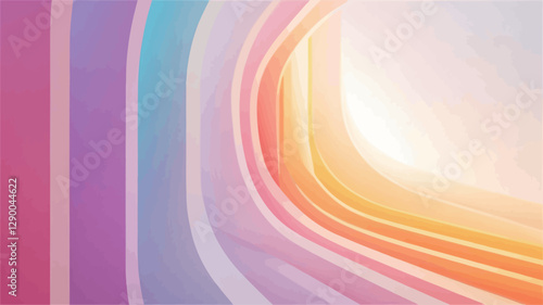 The image depicts a series of curved, parallel lines forming an abstract shape.  The lines exhibit a gradient of pastel colors, transitioning from cool tones (blues, purples, pinks) on the