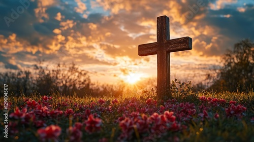 easter love and sacrifice wooden cross with red cloth and rays of light on sky background