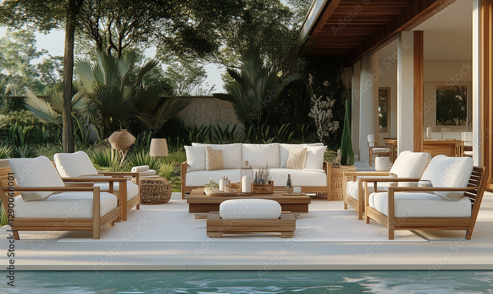 Fototapeta premium Luxurious poolside lounge area featuring teak furniture, decor and serene water views for ultimate relaxation