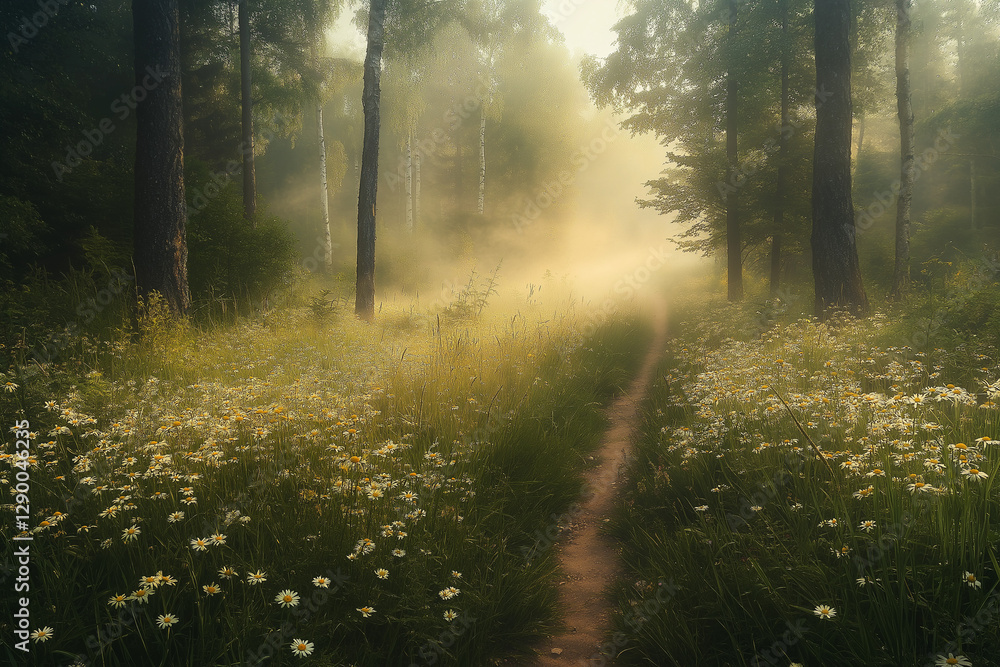 Fototapeta premium Enchanting forest clearing adorned with wildflowers and tall grass, offering narrow pathway to natural tranquility