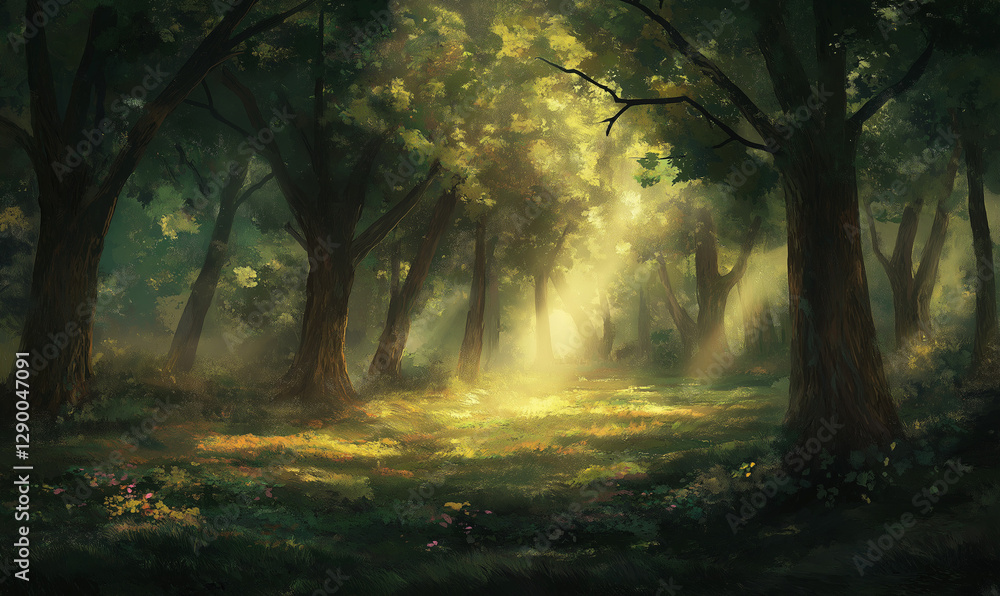 Obraz premium Woodland glade viewed from below with sun rays breaking through, vividly illuminating serene forest ambiance
