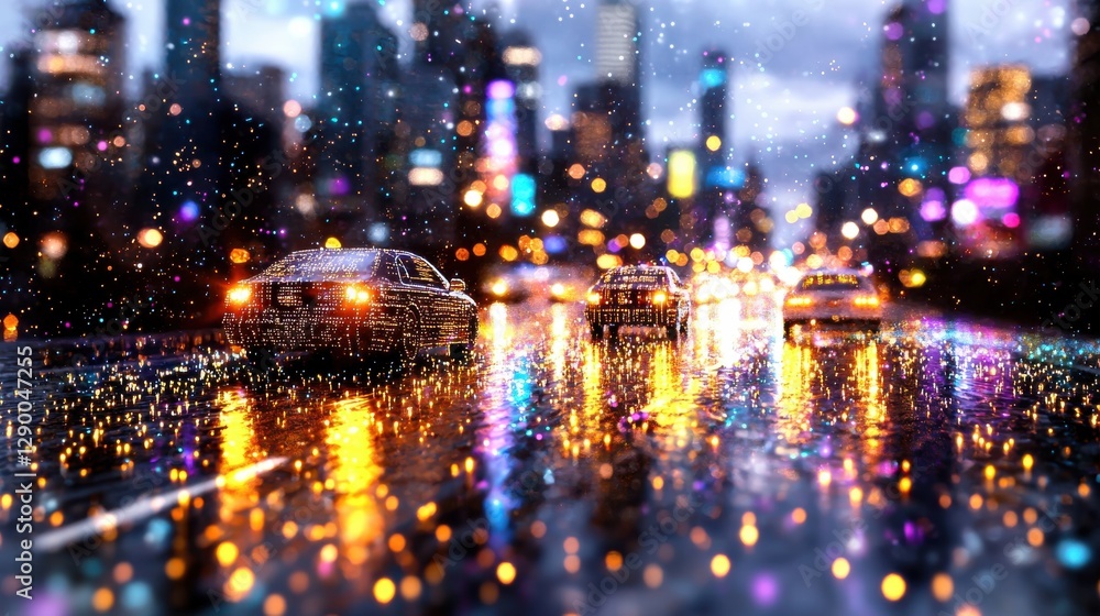 Naklejka premium Rainy night cityscape with blurred reflection of city lights on wet pavement and road Dramatic urban landscape with glowing neon lights transportation and shimmering bokeh effect