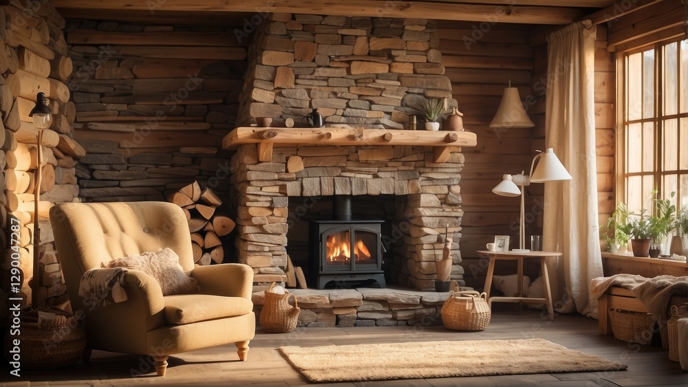 A rustic living room featuring a large stone fireplace with a wooden mantel A rustic living room featuring a large stone fireplace with a wooden mantel
