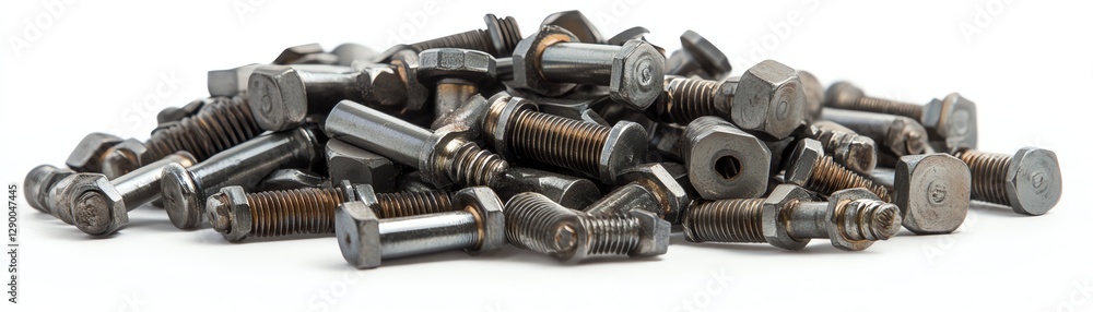 Pile of assorted metal bolts and nuts, white isolated background Pile of assorted metal bolts and nuts, white isolated background