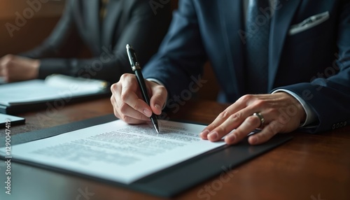 Close up shot of man signing formal agreement, sitting by desk. Businessman in suit handwrites document with pen. Paperwork at summit, conference. Successful conclusion of agreement.