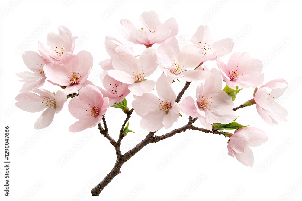 Cherry blossoms spring concept. Delicate cherry blossoms in soft pink hues on a slender branch against a white background. Cherry blossoms spring concept. Delicate cherry blossoms in soft pink hues on a slender branch against a white background.
