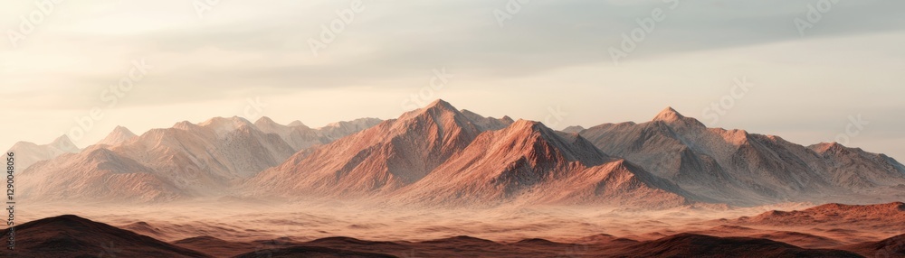Naklejka premium Panoramic view of a mountain range with a misty valley. Landscape of mountains with fog.