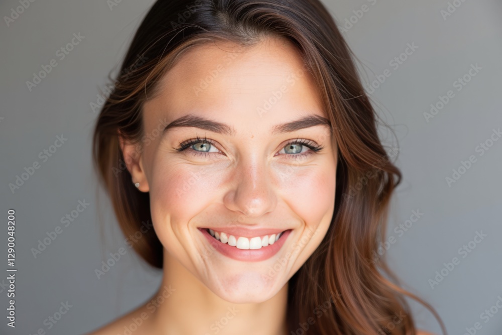 Close-up Portrait of a 20s Caucasian Woman with Green Eyes and a Bright Smile Against a Minimalist Background, Radiating Joy and Confidence Close-up Portrait of a 20s Caucasian Woman with Green Eyes and a Bright Smile Against a Minimalist Background, Radiating Joy and Confidence