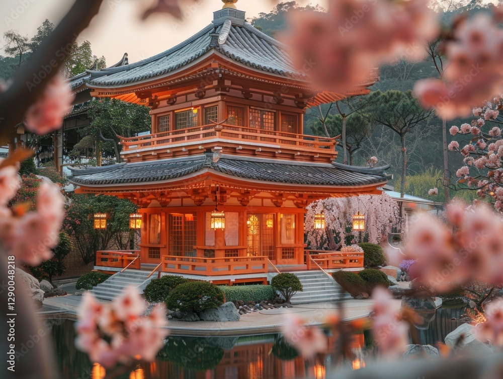 Fototapeta premium Japanese Temple with Cherry Blossoms