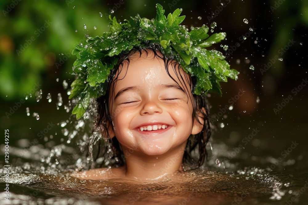 Fototapeta premium Joyful Child with Leafy Crown Enjoys Nature in Refreshing Water Splash