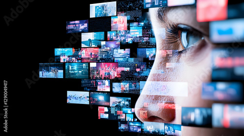 Woman's Face with Digital Screens Showing Data and Technology Concepts