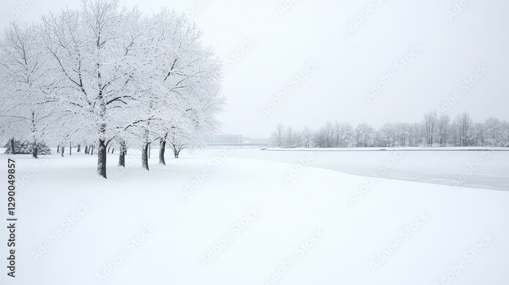 Naklejka premium Snowy park landscape with trees and frozen lake