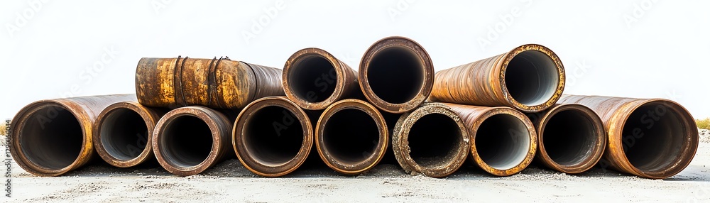 Rusty metal pipes arranged in a stack, white isolated background. Rusty metal pipes arranged in a stack, white isolated background.