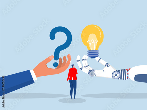 Artificial intelligence AI  to help concept, human hand with question mark and AI answer.technology AI to help solve problem vector