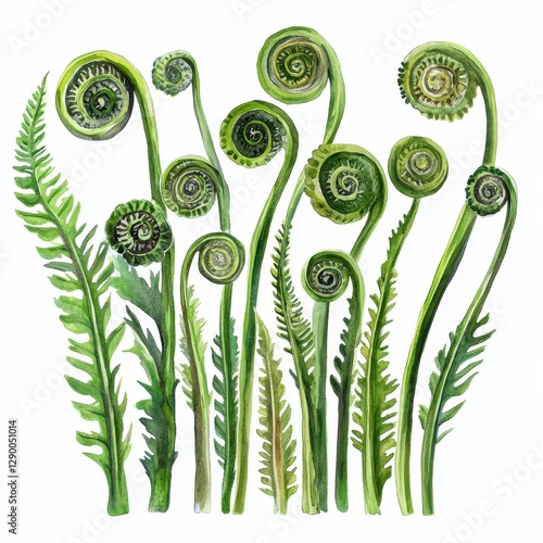 Vibrant Green Watercolor Fiddleheads Botanical Illustration