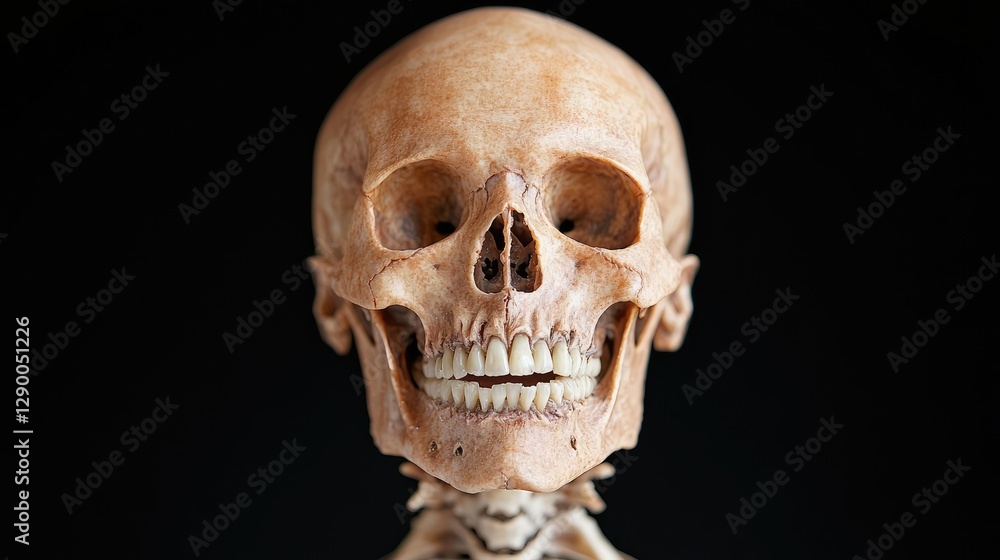 Fototapeta premium Human skull, anatomy study, dark background, medical illustration