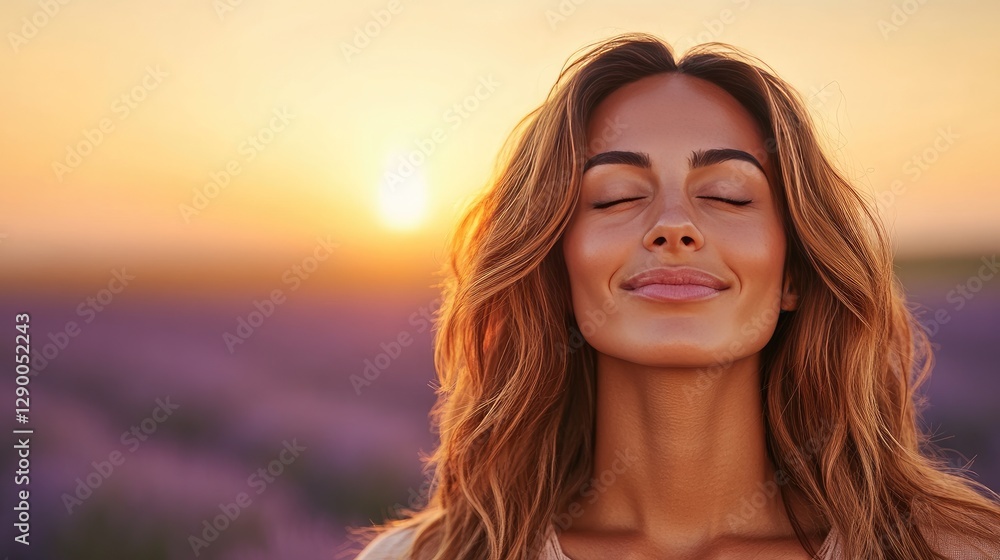 Peaceful Woman Enjoying Serene Sunset in Lavender Field Embracing Nature's Tranquility Peaceful Woman Enjoying Serene Sunset in Lavender Field Embracing Nature's Tranquility
