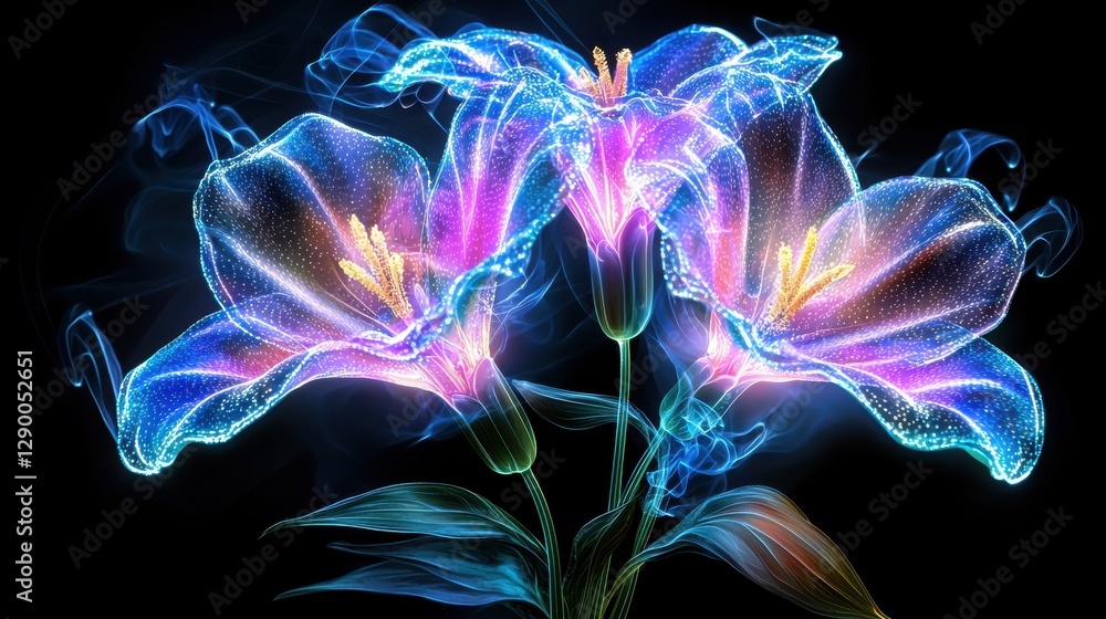Captivating abstract digital art depicting a bioluminescent floral explosion of glowing ethereal lily blooms in a vibrant cosmic and psychedelic visual Captivating abstract digital art depicting a bioluminescent floral explosion of glowing ethereal lily blooms in a vibrant cosmic and psychedelic visual