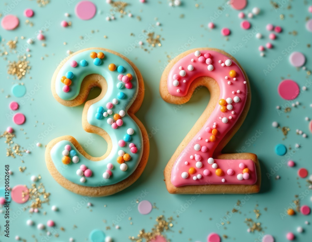 Decorated number 32 cookie for birthday or anniversary. Festive design with colorful sprinkles and sugar icing on table. Sweet treat for party celebration invites, fun card design. Decorated number 32 cookie for birthday or anniversary. Festive design with colorful sprinkles and sugar icing on table. Sweet treat for party celebration invites, fun card design.