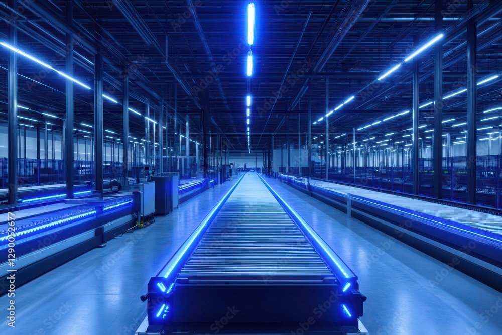 automated robotic sorting facility with laser guidance systems, conveyor belts weaving through a high-tech warehouse bathed in cool blue led lighting automated robotic sorting facility with laser guidance systems, conveyor belts weaving through a high-tech warehouse bathed in cool blue led lighting