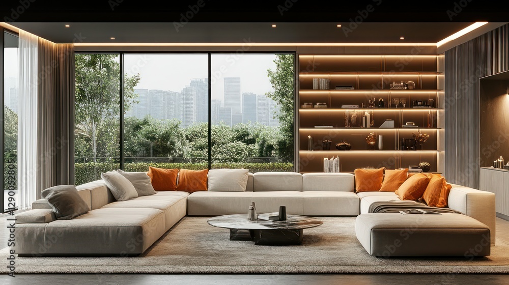 Fototapeta premium Modern Living Room with City View