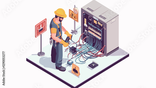 Isometric illustration depicting a male technician in a yellow hard hat and safety gear meticulously repairing complex electrical equipment. The equipment is open, revealing a tangle of