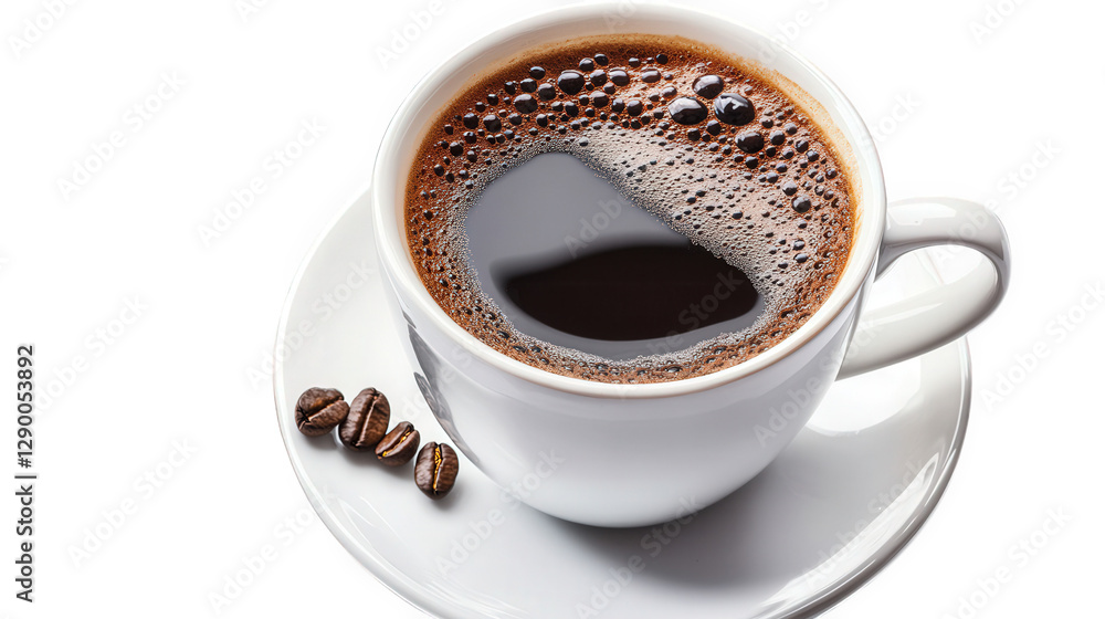 Fototapeta premium a steaming cup of black coffee on a white background. accompanied by a few coffee beans beside the cup the rich. dark liquid reflects light. creating a glossy surface. emphasizing its freshness and ar