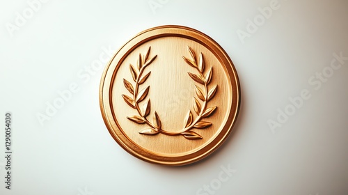 Golden award medal with laurel leaves on a white isolate background.