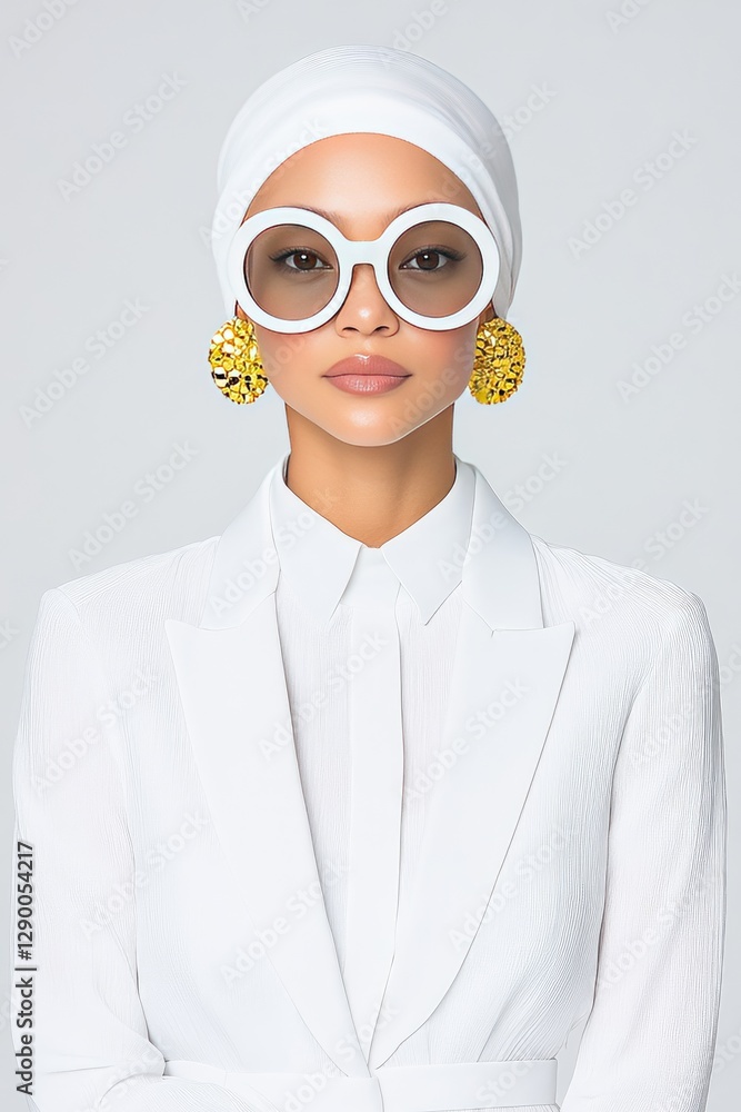 Elegant Woman in White Attire with Bold Accessories and Modern Sunglasses Elegant Woman in White Attire with Bold Accessories and Modern Sunglasses